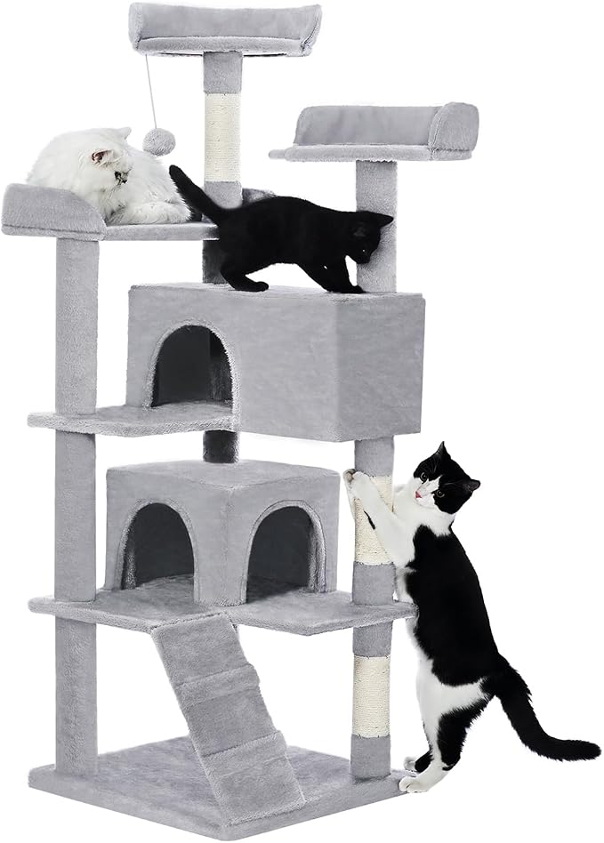 Made4Pets Cat Tree 54in Cat Tower for Indoor Cats Kitten Tree Multi-Level Cat Tree with 2 Condo Furniture Activity Center with Scratching Posts Funny Toys Kittens Pet Play House, Light Grey