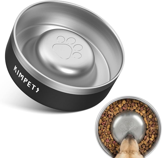 Dog Slow Feeder Bowls Food-Grade 304 Stainless Steel Dog Slow Feeder Bowl Double Wall Heavy Duty Non-Slip Rubber Base 2 Cups Capacity for Small Medium Dogs- Black