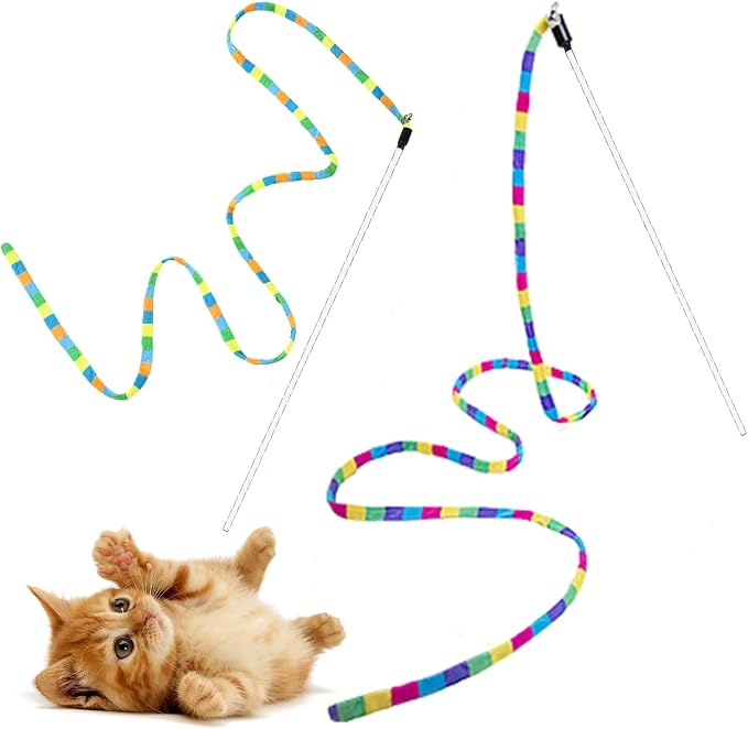 FYNIGO Cat Wand Toys for Indoor Cats, 2 Pack Rainbow Teaser Wand with 55 Inch Plush String, Bell and Sturdy Flexible Pole, Interactive Kitten Toy for Exercise and Chase Play