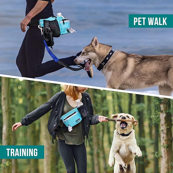 PetAmi Dog Fanny Pack, Treat Pouch for Dog Walking Training, Turquoise Blue | Built in Poop Bag Dispenser, Water Bottle Holder, Collapsible Bowl, Pet Treat Waist Belt for Hiking Running Kibbles