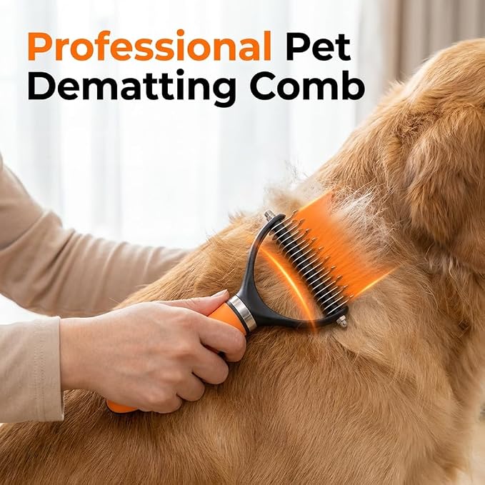 Dual-Sided Pet Grooming Comb for Dogs & Cats, 2026 New 2‑in‑1 Professional Pet Grooming Brush Deshedding Dog Brush, Dematting Comb Undercoat Rake for Dogs Long Haired Pet Grooming Tool (2, Orange)