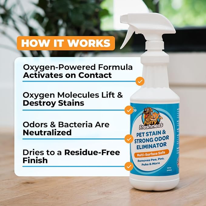FurryFreshness Extra Strength Cat or Dog Pee Stain & Permanent Odor Remover + Smell Eliminator -Removes Stains from Pets & Kids Including Urine or Blood- Lifts Old Carpet Stains- (Gallon)