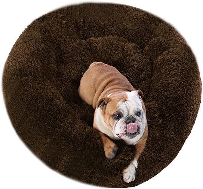 Faux Fur Dog Bed, Shag Round Anti-Anxiety Pet Calming Doughnut Cuddler for Medium Large Puppy Dog Cat Kennel Cushion Self Warming Bed (28'' D x 8'' H, Chocolate)