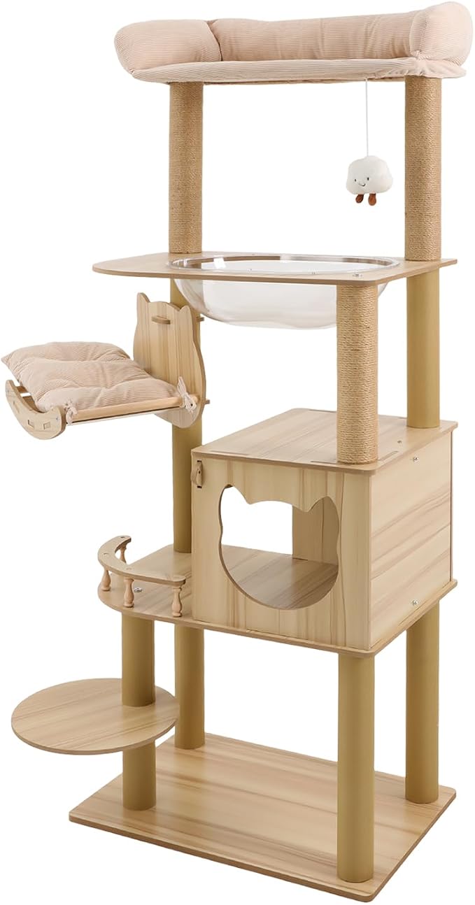 Multi-Level Cat Tree for Indoor Cats, Wooden Cat Tower with Cat House, Scratching Posts, Hammock and Platforms, Natural Wood Cat Furniture
