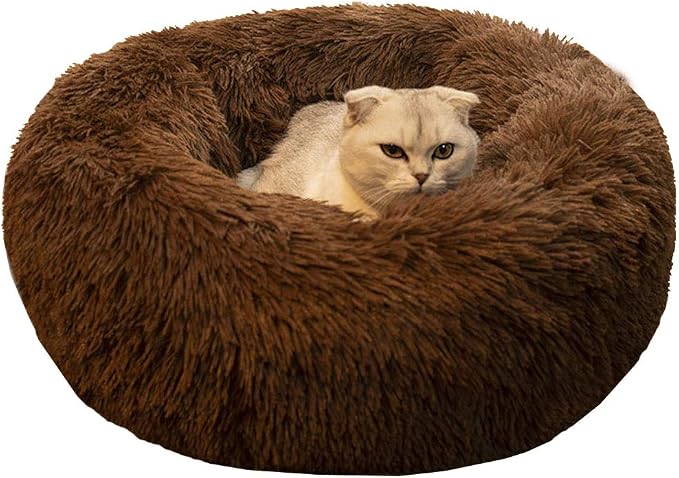 Modern Soft Plush Round Pet Bed for Cats or Small Dogs, Mini Medium Sized Dog Cat Bed Self Warming Autumn Winter Indoor Snooze Sleeping Cozy Kitty Teddy Kennel (24'' D x 8'' H, Chocolate)