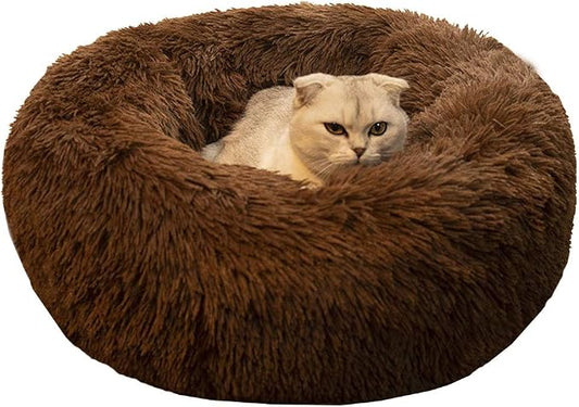 Modern Soft Plush Round Pet Bed for Cats or Small Dogs, Mini Medium Sized Dog Cat Bed Self Warming Autumn Winter Indoor Snooze Sleeping Cozy Kitty Teddy Kennel (24'' D x 8'' H, Chocolate)