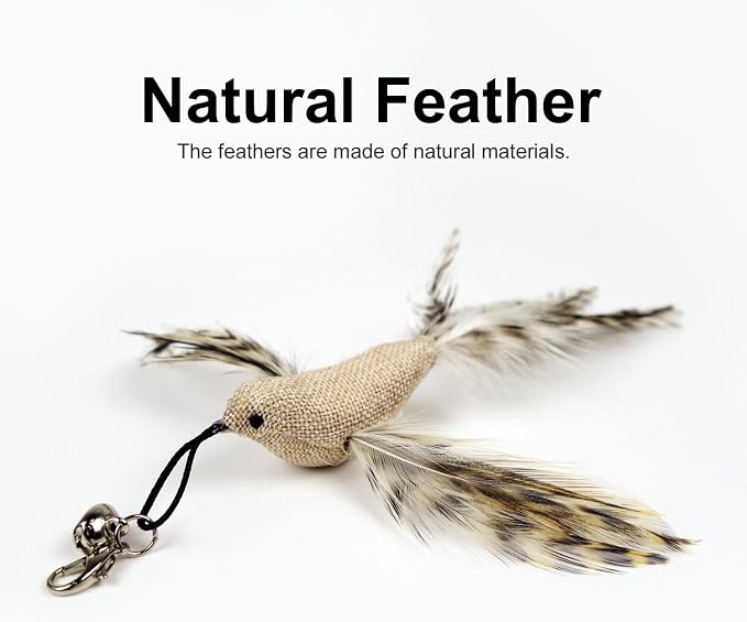 TTcat 4 Pack Linen Bird Cat Wand Refills, Natural Feather Detachable Replacement Toy Heads with Bell, Universal Lobster Clip-on Cat Teaser Attachments, Indoor Kitten Hunting Boredom Relief Prey Toy.