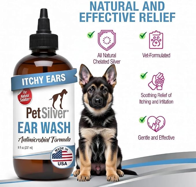 Natural Ear Wash Cleaner for Dogs & Cats, 8 fl oz | Infection Treatment for Dogs, Targets Odors & Wax Build-Up, Soothes Itchy Ears, NOT Colloidal Silver - Chelated Silver, USA