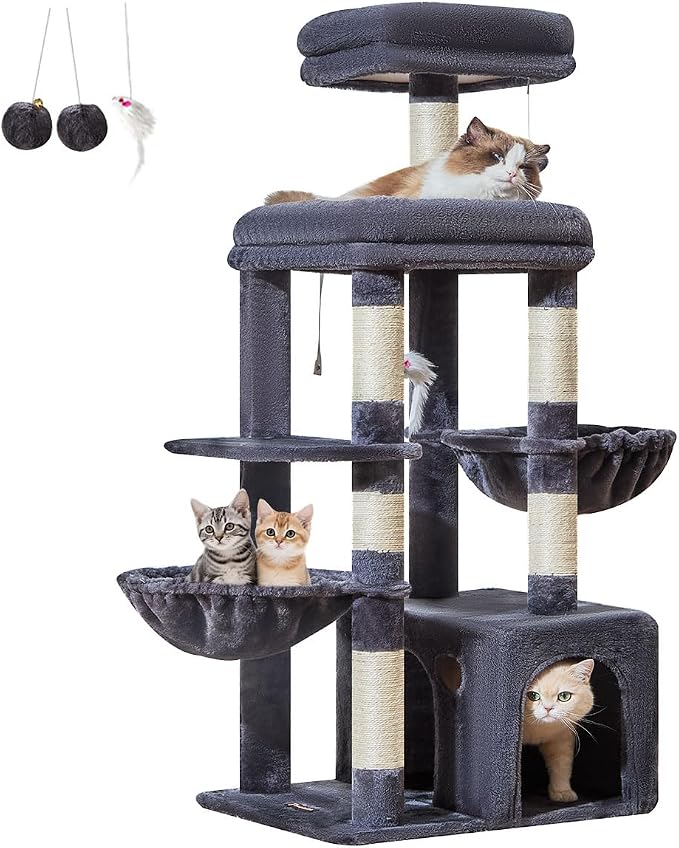 Taoqimiao 53.5in Cat Tree, Heavy Duty Sturdy Cat Tower for Indoor Cats S20G | Easy assembly, Extra Wide Base, Multi-level, 6 Scratching Posts, 2-Post Supported Baskets, Cozy Cave, 2 Perches, Smoke Gray