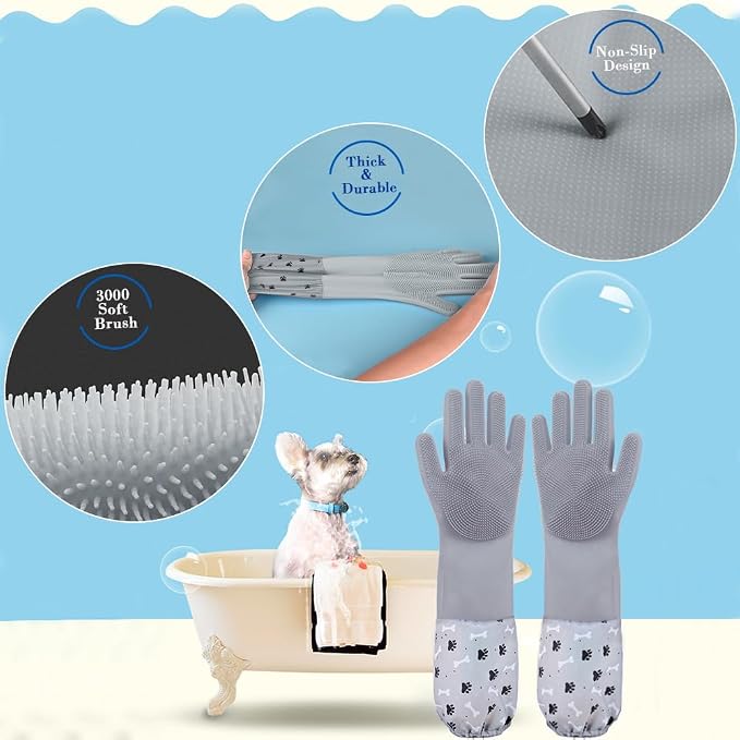 Pet Grooming Gloves Pet Hair Remover Cat, Dog Washing Gloves Silicone Heat Resistant Cleaning Gloves with High-Density Teeth Grooming Gloves for Dogs, Cats, Horses, Rabbits (1 Pair - Gray)