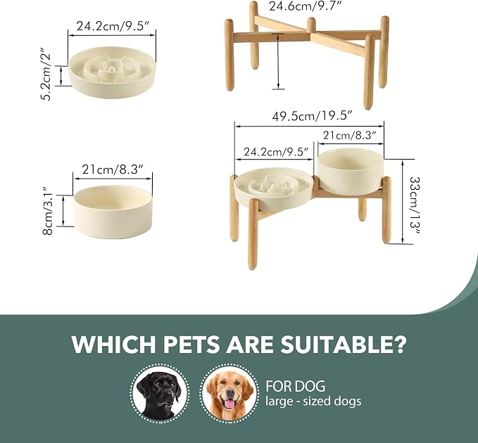 Havniva 9.5” Raised Slow Feeder Dog Bowls Set, 3.2 Cups Ceramic Slow Feeder Dog Bowl and 8.2” Dog Water Bowl with Elevated Wooden Stand Puzzle Dog Food Bowl for Large Dogs Anti-Gulping & Anti-Choking