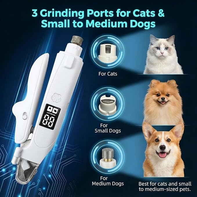 2-in-1 Dog & Cat Nail Clipper and Grinder, LED Light, USB-C | Low-Noise Motor, Safety Lock, Nail Catcher, 3 Grinding Ports and Rechargeable Design for Cats, Small and Medium Dogs
