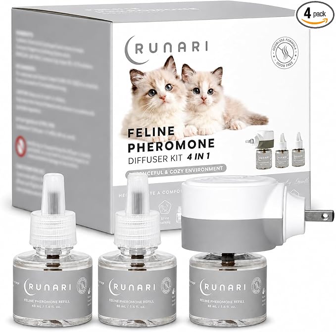 Feline Pheromone Calming Diffuser | Plug in for Cat Stress, Anxiety, Fighting, Scratching, Over Grooming, Meowing | Ideal for Multi Cat Homes | 1 Diffuser + 3 Refills