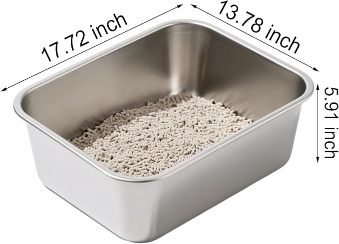 2 Pack Stainless Steel Cat Litter Box Large Metal Litter Pan Tray High Sided Cat Box, Pet Toilet Supplies for Indoor Cats Kitten Rabbit - Non Stick, No Smell, Easy to Clean - 17.72x13.78x5.91 Inch