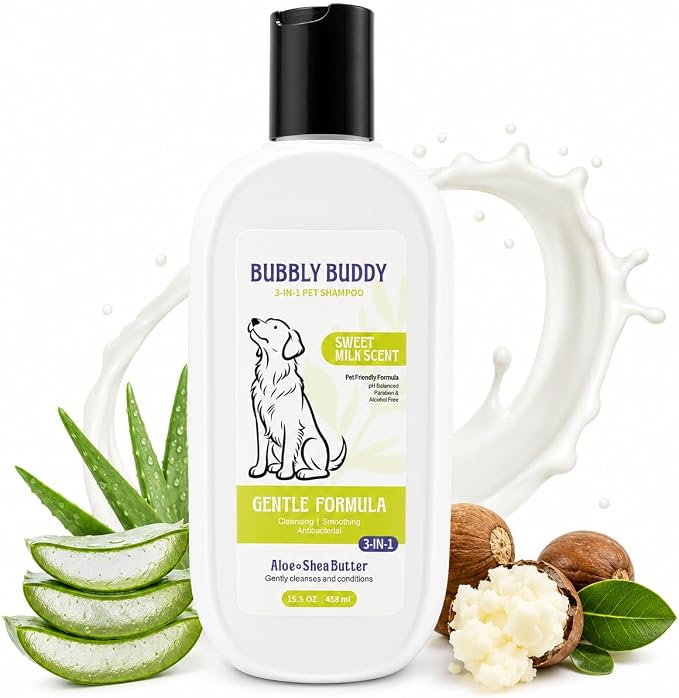 3-in-1 Pet Shampoo for Dogs, Sweet Milk Scent Dog Shampoo and Conditioner with Aloe,Shea Butter,Colloidal Oatmeal,Jojoba Oil & Vitamin E, pH Balanced Cleansing, Smoothing & Antibacterial Care, 15.5 oz