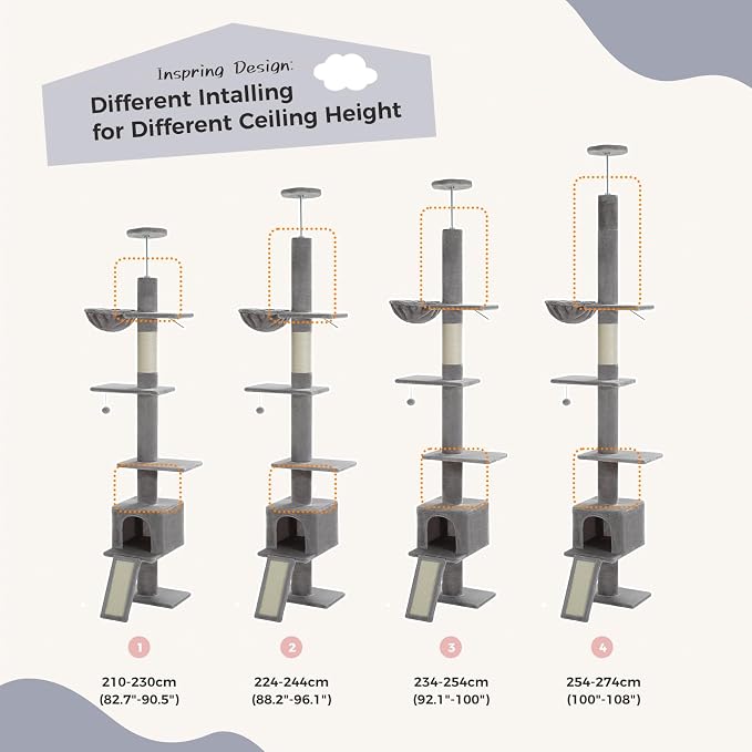PEQULTI Floor to Ceiling Cat Tree, Adjustable 83-108in 5-Level Tower, Grey | Tension-mounted tall cat tower with 5 levels, cozy condo, hammock & sisal scratching post; wide base for indoor adult cats