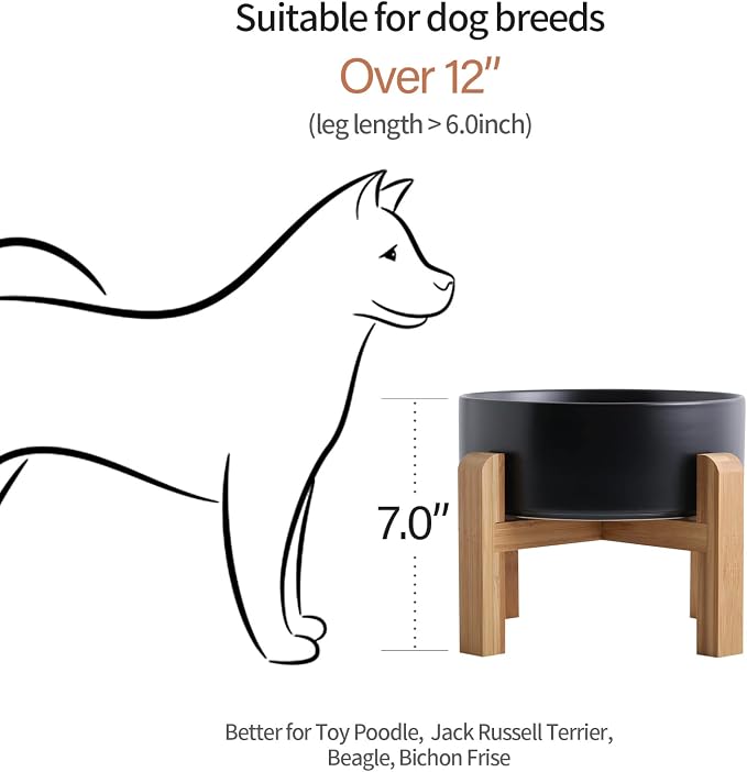 Black Elevated/Raised Dog Bowl Ceramic with Wood Stand for Medium Large Breed,Dog Food Water Dish Heavy Weighted,8 in Non Slip Modern Cute Porcelain Pet Bowl Extra Large