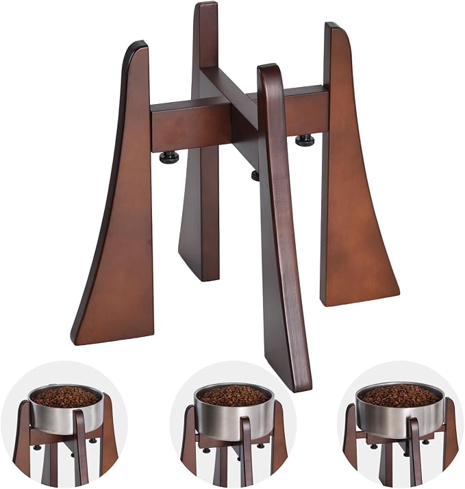 Solid Wood Elevated Dog Bowl Stand with Adjustable Width, 12-Inch Raised | Fits 6.3-7.8 Inch Dog Food & Water Bowls, Non-Slip Base, Ergonomic Design for Corgis, Beagles, Medium Breeds, Stand Only
