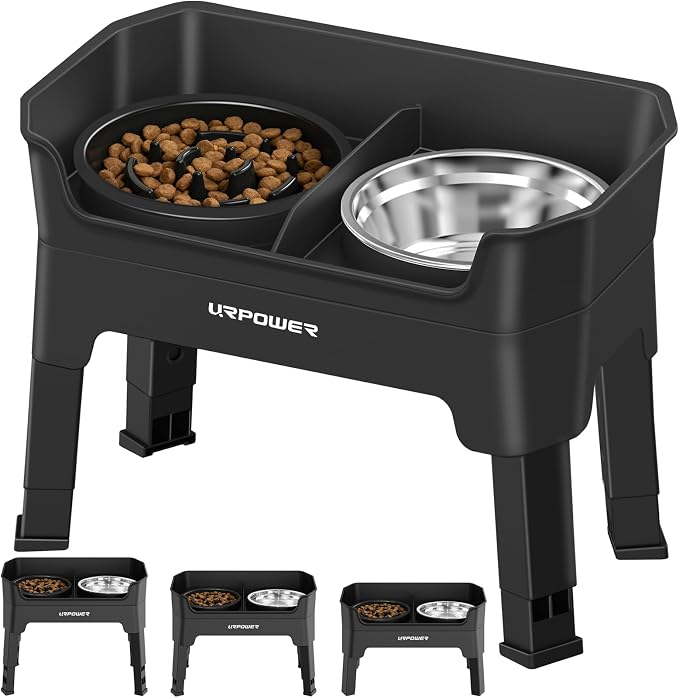 URPOWER 3-in-1 Elevated Dog Bowls - Mess Proof Double Deck 4 Height Adjustable Raised Stand with Stainless Steel Bowl & Slow Feeder & Licking Plate for Small, Medium & Large Dogs