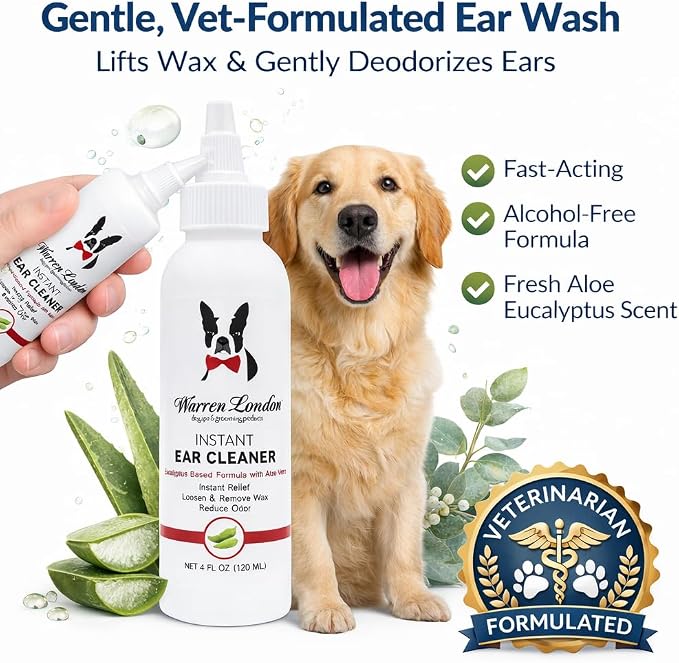 Warren London Ear Cleaner for Dogs & Cats 4 oz | Instant Aloe & Eucalyptus Ear Wash Solution – Cleans, Deodorizes, Soothes Itchy Ears, Prevents Wax & Odor | Puppy & Kitten Safe | Made in USA | 4oz