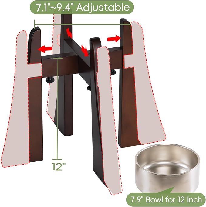 Solid Wood Elevated Dog Bowl Stand Set with Stainless Steel Bowl, 12-Inch | Raised Feeder with Adjustable Width Fits 6.3-7.8 Inch Dog Food Water Bowls, Non-Slip Base for Medium and Senior Dogs