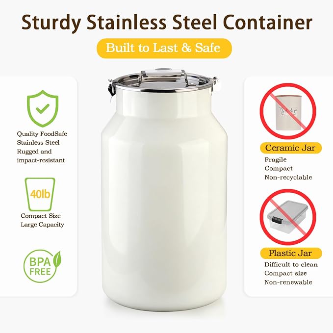 Dog-Cat Food Storage Container 40 lb, Large Stainless Steel Bin | 38 Qt 304 stainless steel bin holds up to 40 lb of dry pet food; silicone-sealed airtight lid; 1-cup wood-handled scoop.