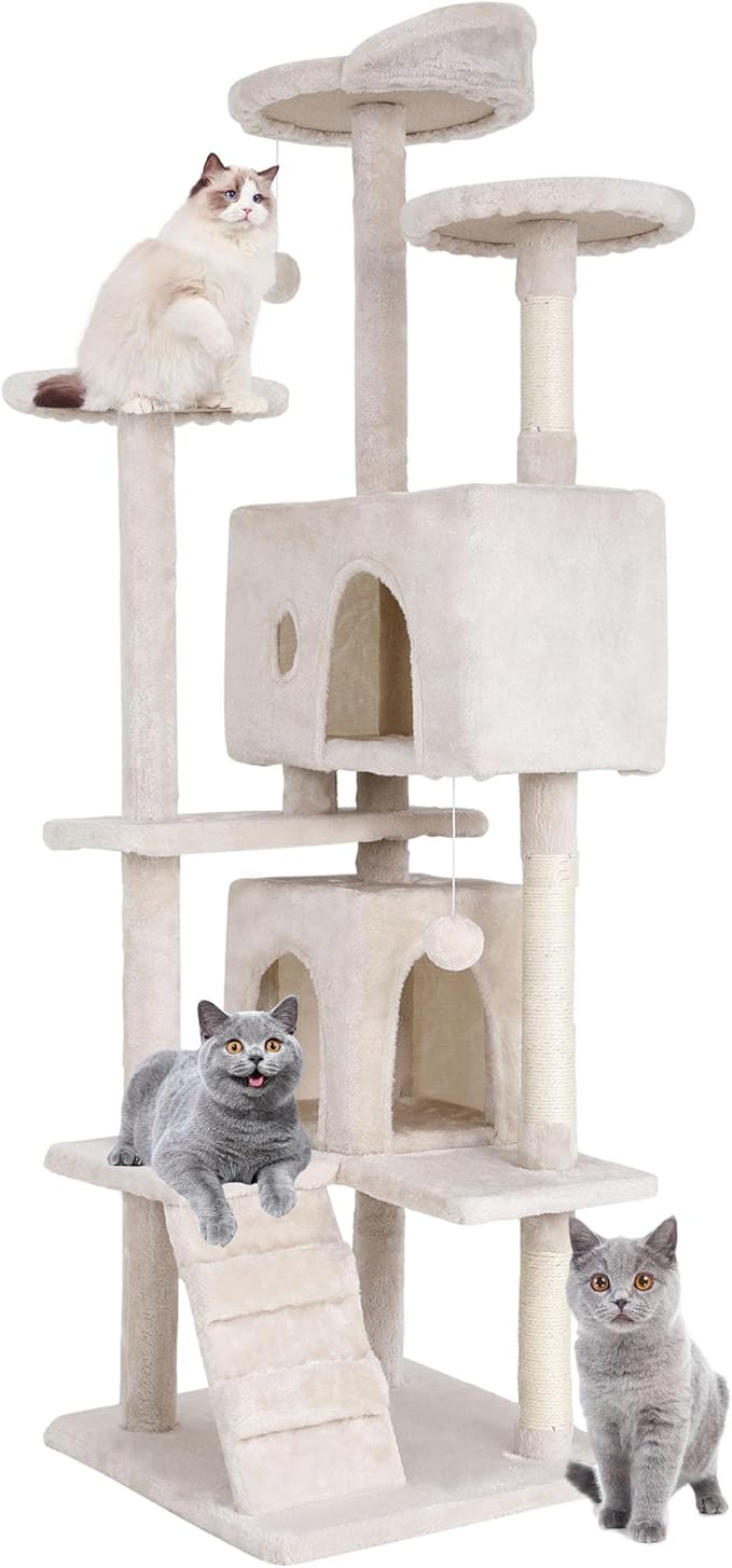 BestPet | 70" Cat Tree Tower | Beige | Sturdy Multi-Level Cat Tree | with Plush Condo, Cozy Perch, Sisal Scratching Posts, Hanging Toy and Hammock | Easy Assembly | for Kittens & Adult Cats