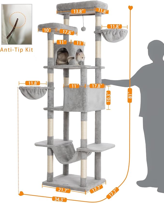 Cat Tree, 81-Inch Tall Cat Tower with Scratching Post, Plush Multi-Level Cat Condo with 2 Perches, 2 Caves, 2 Basket, Hammock for Indoor Cats Light Grey