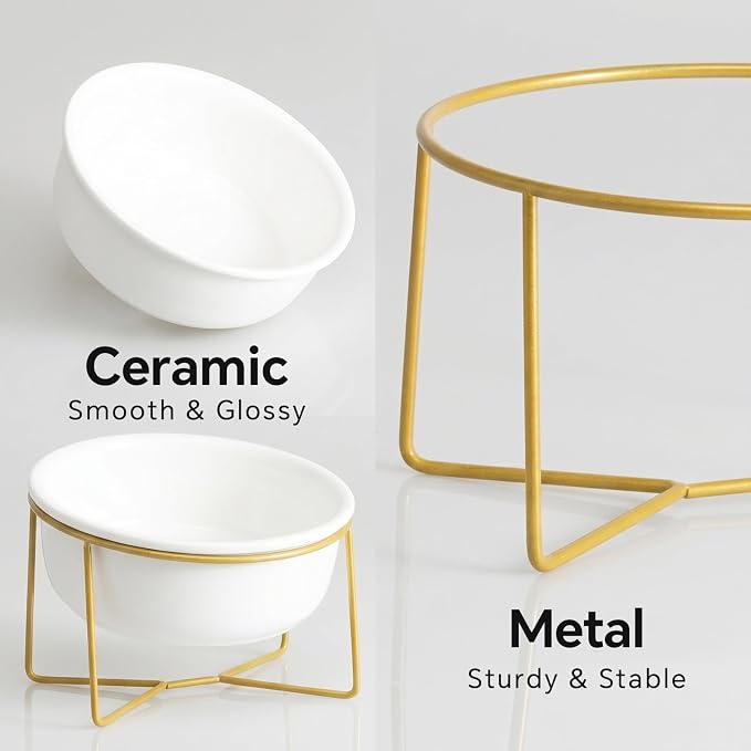 White Large Ceramic Tilted Elevated Cat Dog Bowl Raised Cat Food Water Bowl Dish Pet Comfort Feeding Bowls with Gold Iron Stand