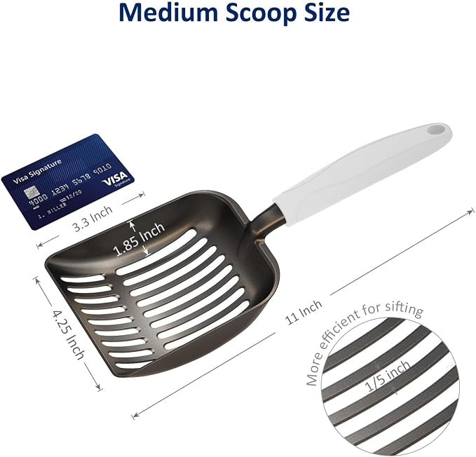 WePet Cat Litter Scoop, Non-Stick Plated Aluminum Alloy Sifter, Kitty Durable Metal Scooper, Deep Shovel, Long Handle, Kitten Pooper Lifter, Size Medium, Coated Black Body with Grey Handle