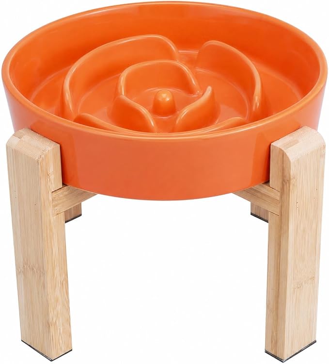 Elevated Slow Feeder Dog Bowl Large Breed, 8.8 Inch Ceramic Slow Eating Bowl with Bamboo Stand, Anti-Choking Raised Maze Design for Medium to Large Dogs, 3.2 Cup, Orange