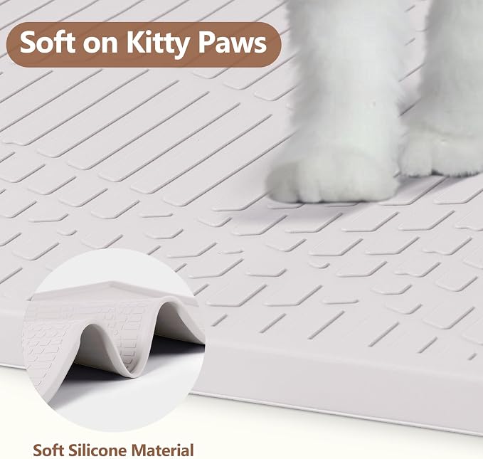 Silicone Cat Litter Box Mat 34'' x 22'' Cat Mat with Toy, White | Extra Large Litter Mat with lip, Non-Slip Waterproof Cat Litter Mat Litter Trapping Mat for Floor, Easy to Clean