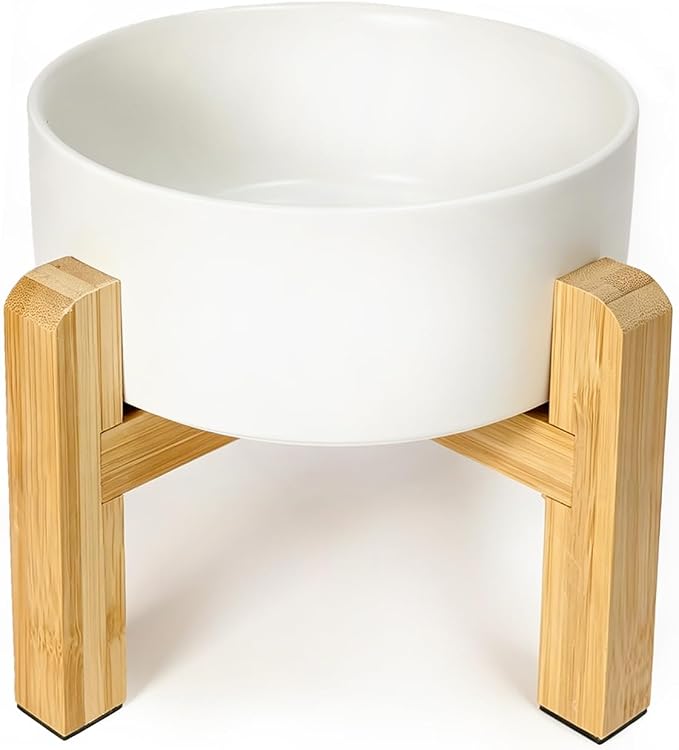Ceramic Elevated Dog Bowl with Bamboo Stand, for Small & Medium Dog, White
