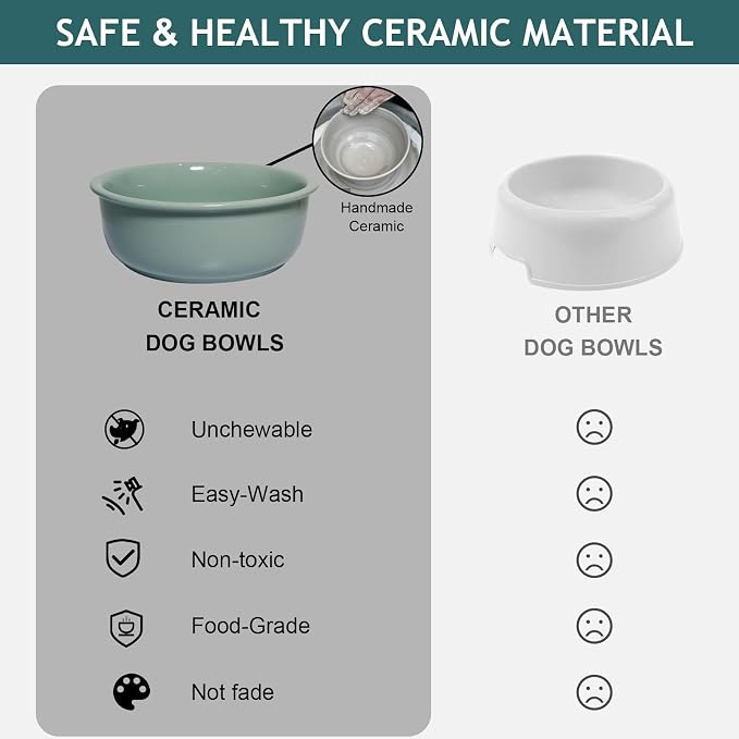 Raised Ceramic Dog Bowl, Elevated Food and Water Feeding Set, Light Green | Pet Dishes For Small and Medium Breeds, 6.9" Wide Double Modern Porcelain Bowls, 6.3" High Wooden Stand, Non-Slip, 28Oz/800ML
