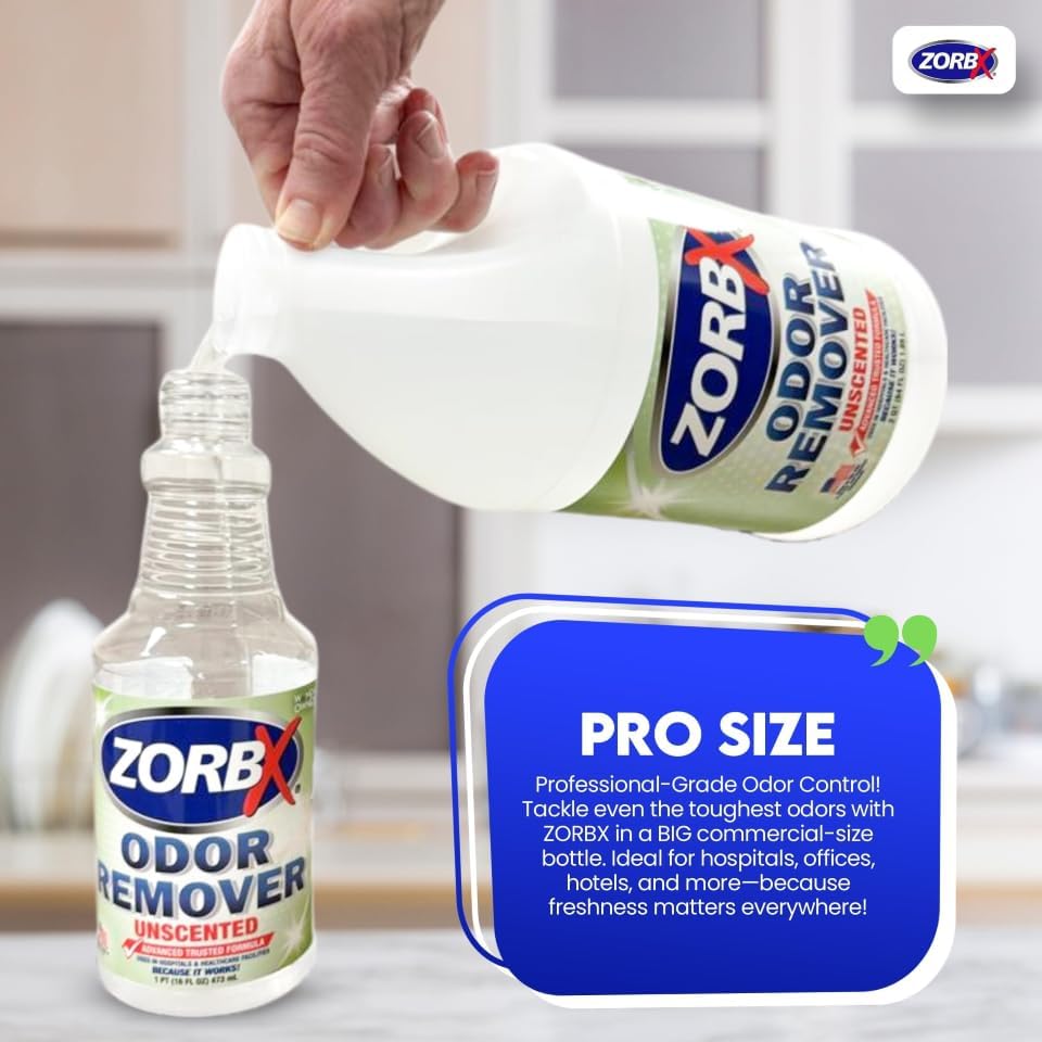 ZORBX Unscented Odor Remover Spray 64 Oz Refill, Hospital-Grade Formula