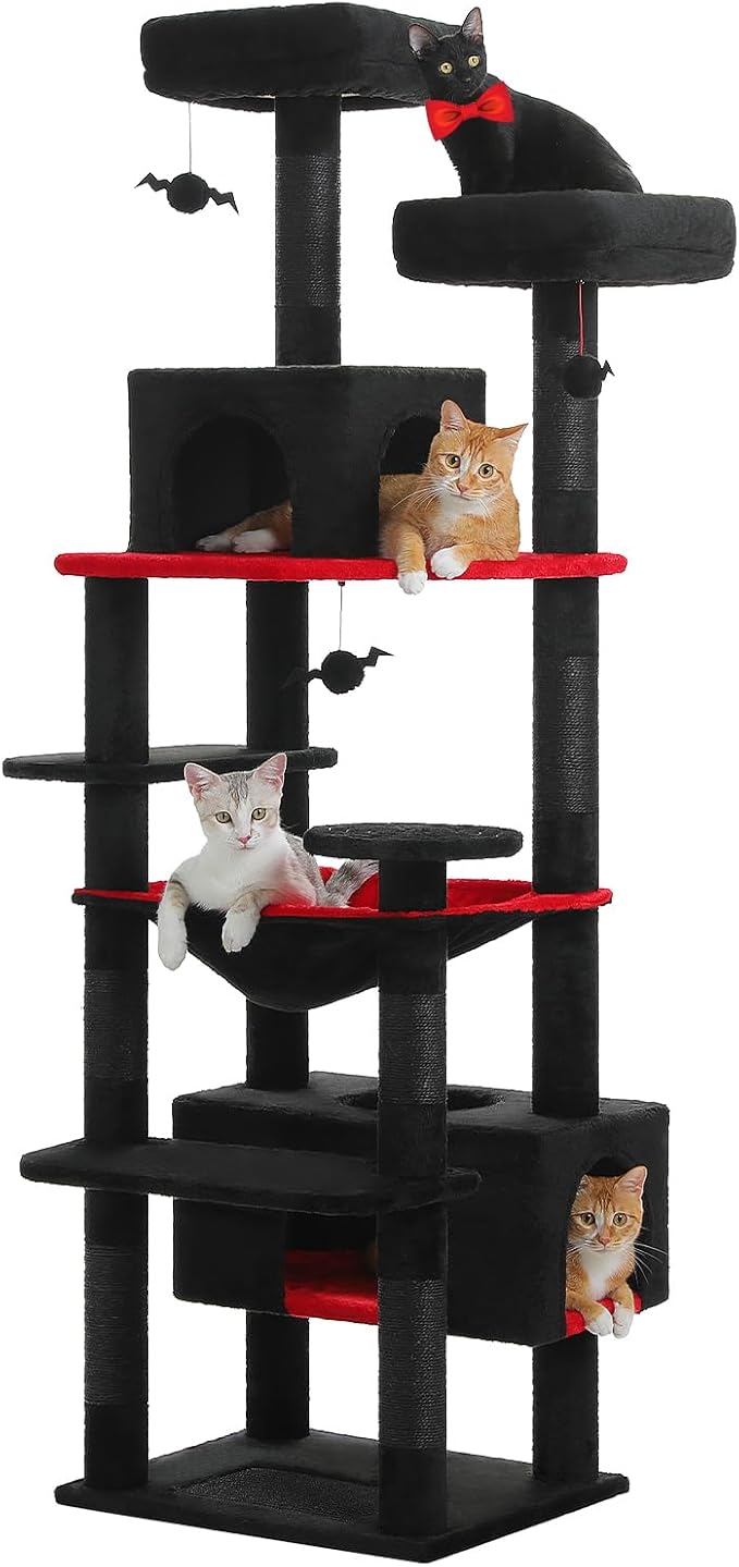 PAWZ Road Gothic Cat Tree 72" Cat Tower with Condos&Hammock for Large Cats | goth black cat tree with bat toys, 20"×16" hammock for adult cats, 7 scratch posts + pad, dual condos&perches for multi-cats