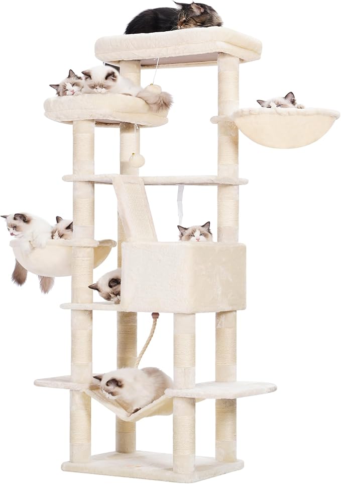 Heybly Cat Tree, 68 inch Multi-Level Cat Tower for Indoor Cats HCT025M | Cat Condo with 2 Widened Plush Perches, 2 Cozy Baskets, Scratching Board and Big Caves, Beige