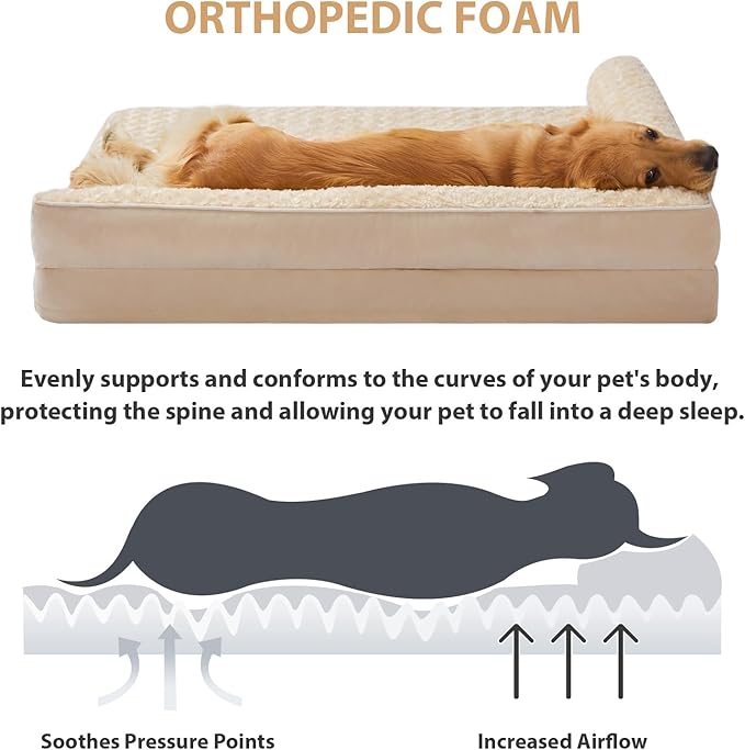 BFPETHOME Orthopedic Washable Dog Bed, Sleeping Couch for Large Senior Dogs | Deluxe Plush Rose Velvet Washable Cover, Egg Crate Foam Support, Waterproof Lining, Non-Slip Bottom, Senior Dogs