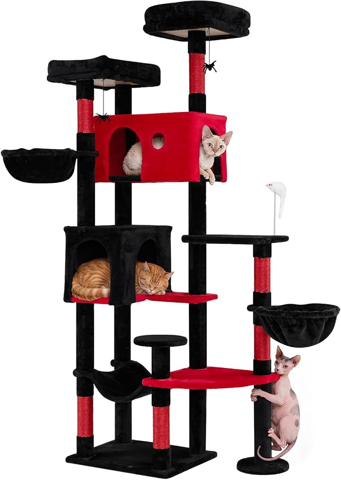 75-inch Gothic Cat Tree, Multi-Level Black Cat Tower | | Robust Scratching Posts | 2 Dual-Entry Comfy Cat Condo | Rotatable Side Baskets Bed | Spider-Shaped Hanging Toy | Hammock |