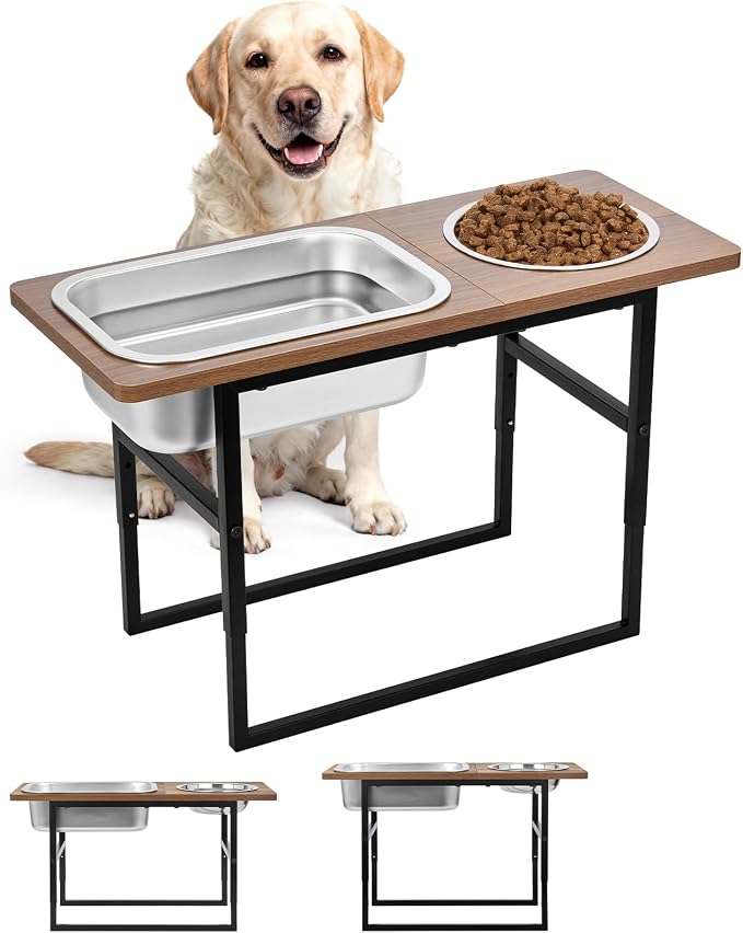 Elevated Dog Bowls for Large and X-Large Breed, 2 Stainless Steel Bowls | 2 Adjustable Heights 14" or 12" Raised Dog Water and Food Bowl with Metal Stand (Upgraded Extra-large Water Bowl)