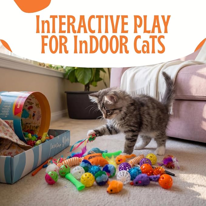Kitty Catnip Toys- 60 Interactive Cat Toys for Indoor Cats & Kittens – Crinkle Balls, Sparkle Pom Pom Balls, Spiral Springs, Cat Mice, Teaser Wand, Kitten Toys - Variety Pack