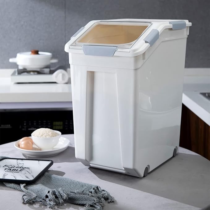 33 Liter / 50 lbs Rice Storage Container with Measuring Cup, BPA free, For Rice | Grain | Pet Food | Flour, 1 count, White