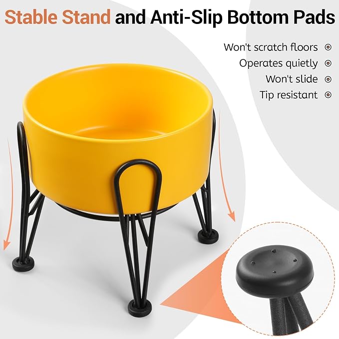 Elevated Dog Bowls, Ceramic Raised Dog Bowl Set with Anti-Slip and Non-Tip Metal Stand, 2 Pack Pet Food and Water Feeding Bowls for Small and Medium Dogs (Yellow,7.6 Cups)