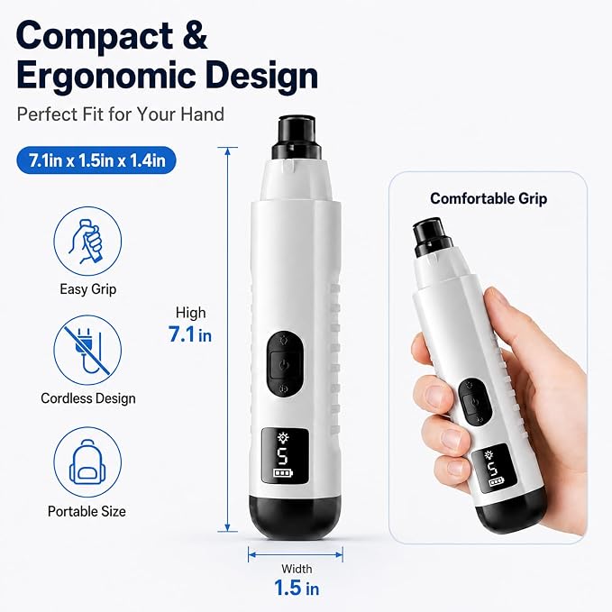Silent Pro Nail Grinder for Dog Quiet Trimmers File 5 Speed Pet Clippers to Cats Grooming Tool Toenail Cutter Electric Whisper Puppy Guard Light Supplies Helper with 2 Sanding Pads Accessories