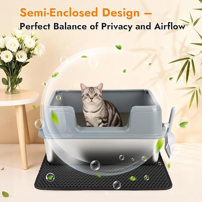Vivifying XL Stainless Steel Cat Litter Box, High Side Metal Litter Pan with Scoop and Mat for Big Cats, Kittens, Rabbits and Hamsters, Easy Cleaning Design (Gray)