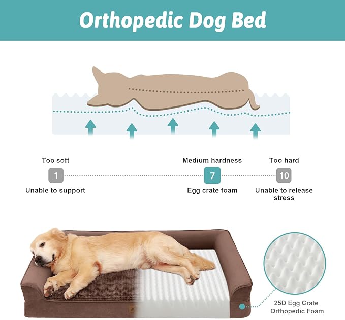 COZY KISS Orthopedic Dog Bed for Medium Size Dogs, Bolster Pet Couch with Waterproof Lining, Egg Crate Foam Sofa for Pets Up to 30 lbs, U-Shaped, 30x20x6.5 inch, Brown