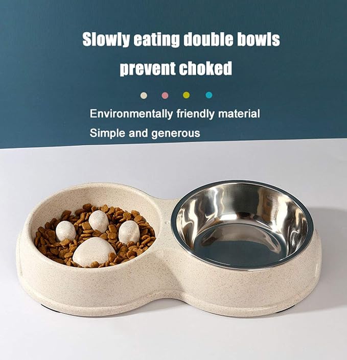 Tineer Double Pet Dog Slow Feeder Bowl,Stainless Steel Anti-Choke Puppy Food and Water Feeder for Dog Cats (White)