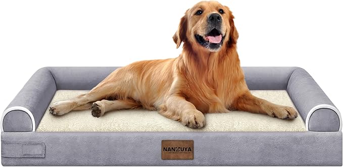 NANUYA Orthopedic Dog Bed for X-Large Dogs, 40 x 32 Inch, Purple | Egg crate foam for joint support, 3-sided bolster pet sofa, waterproof lining, washable cover, and non-skid base