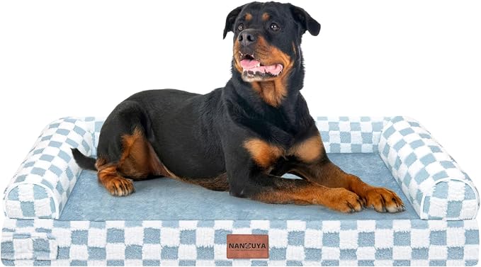 NANUYA Orthopedic Dog Bed for XX-Large Dogs, 44 x 34 Inch, Blue Grid | Egg crate foam for joint support, 3-sided bolster pet sofa, waterproof lining, washable cover, and non-skid base