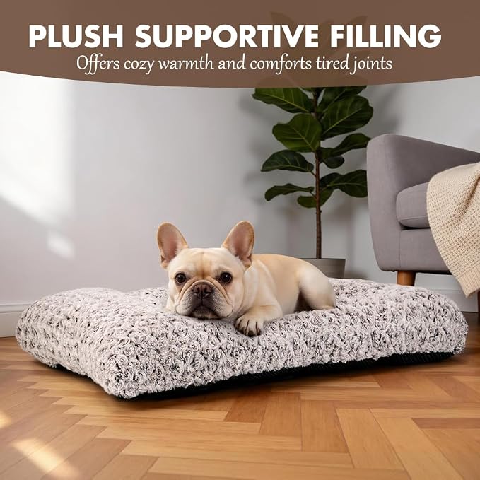 Dog Bed Crate Pad - Rosette Pattern White Velvet Pet Bed Anti-Slip Comfy Kennel Pad for Crates Rosette Brown M